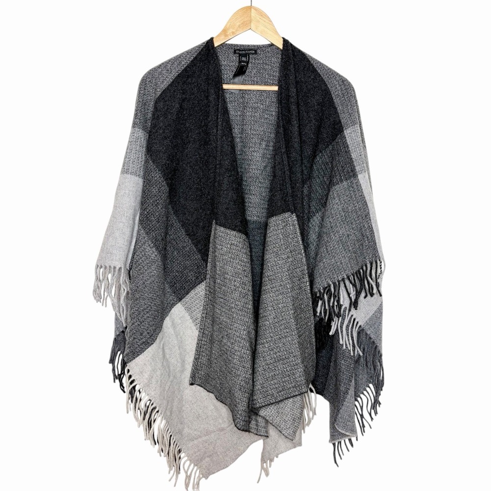 Eileen Fisher Wool Plaid Fringe Oversized Shawl Womens Wrap Minimalist Capsule